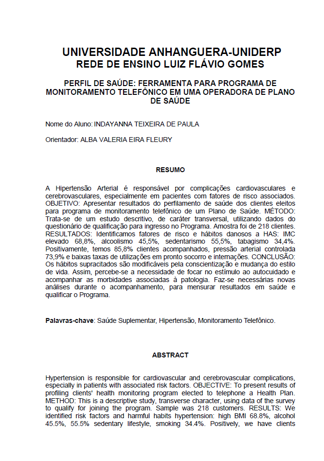 Perfil de saúde: ferramenta para programa de monitoramento telefônico em uma operadora de plano de saúde